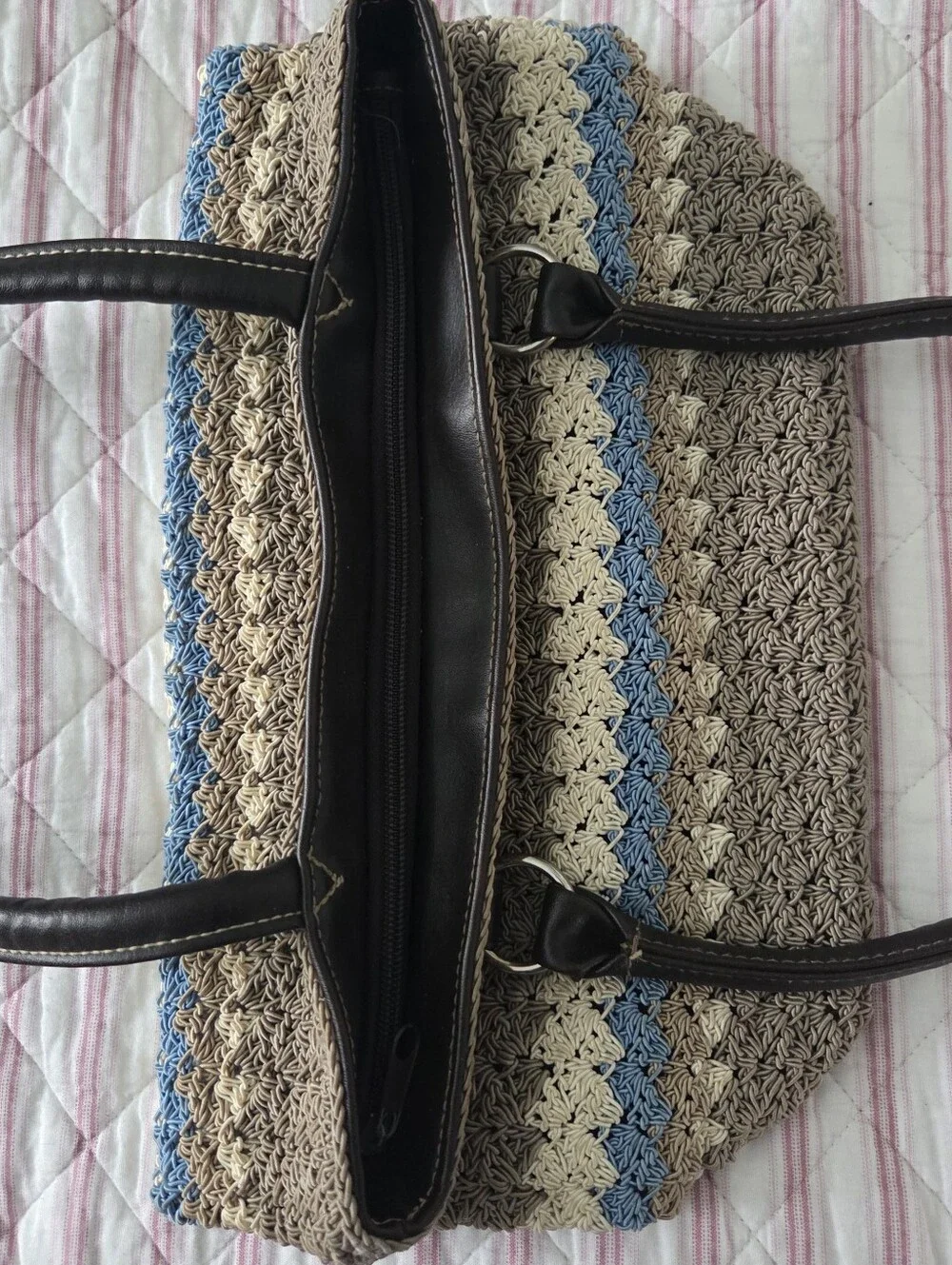 Woven Crochet Tote Bag with Blue & Cream Stripes